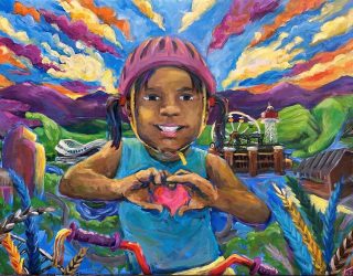 Painting by Denver artist Lauri Keener. The focal point of the painting is a child forming a heart with their hands against the backdrop of the Rocky Mountains. The horizon also includes notable landmarks such as Empower Field and Elitch Gardens amusement park. To the right, the Bernard F. Gipson Sr. Eastside Family Health Center stands prominently. The array of feathers at the bottom is inspired by Journey Through Our Heritage, a local Denver Aztec dance troupe that performed at the gala.